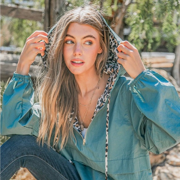 Teal Leopard Windbreak Hoodie S M L - Picture 2 of 2